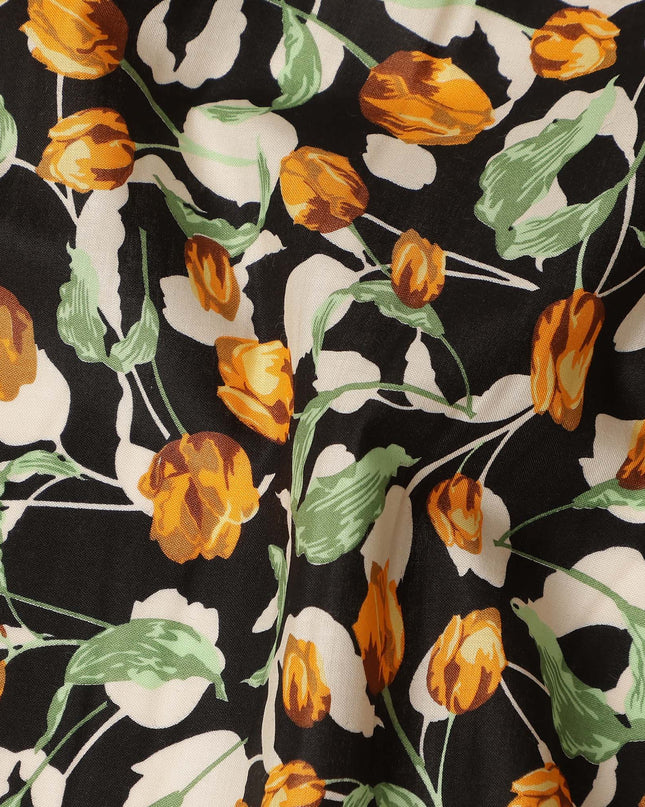 Black Floral Printed Cotton Lawn Fabric All Over Tulip Flower Vine Design Soft Dressmaking Material 4.0 Meters Length 110 Cms Width India-D27650