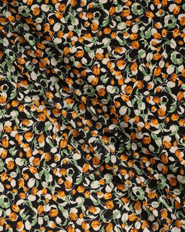 Black Floral Printed Cotton Lawn Fabric All Over Tulip Flower Vine Design Soft Dressmaking Material 4.0 Meters Length 110 Cms Width India-D27650
