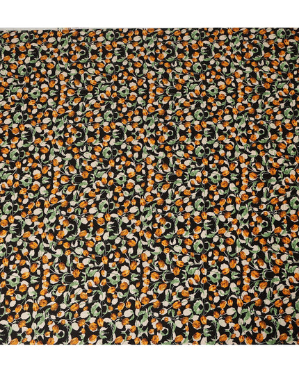 Black Floral Printed Cotton Lawn Fabric All Over Tulip Flower Vine Design Soft Dressmaking Material 4.0 Meters Length 110 Cms Width India-D27650
