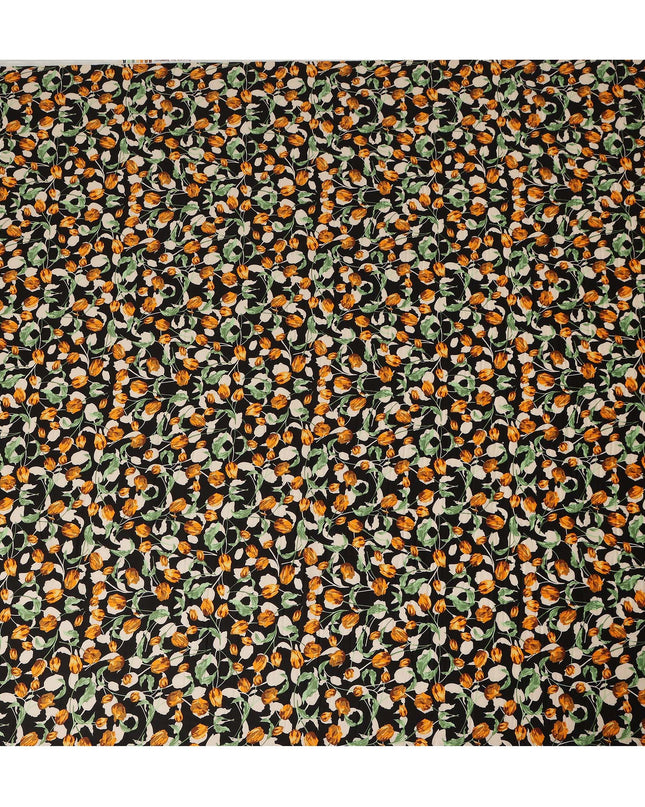 Black Floral Printed Cotton Lawn Fabric All Over Tulip Flower Vine Design Soft Dressmaking Material 4.0 Meters Length 110 Cms Width India-D27650
