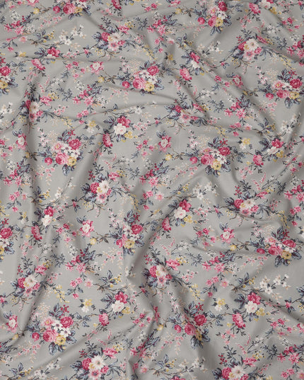 Grey Floral Printed Cotton Lawn Fabric 110 Cms Width India-D27758 - Regal Fabrics