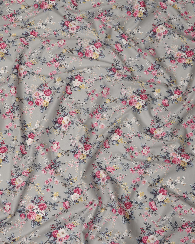 Grey Floral Printed Cotton Lawn Fabric 110 Cms Width India-D27758 - Regal Fabrics