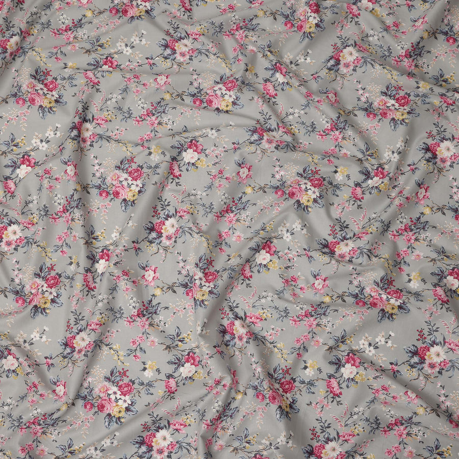 Grey Floral Printed Cotton Lawn Fabric 110 Cms Width India-D27758 - Regal Fabrics
