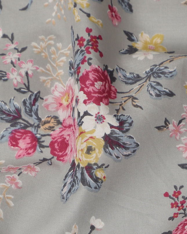 Grey Floral Printed Cotton Lawn Fabric 110 Cms Width India-D27758 - Regal Fabrics