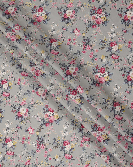 Grey Floral Printed Cotton Lawn Fabric 110 Cms Width India-D27758 - Regal Fabrics