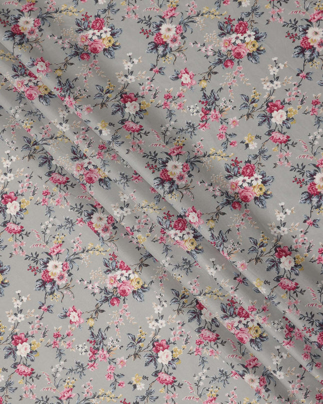 Grey Floral Printed Cotton Lawn Fabric 110 Cms Width India-D27758 - Regal Fabrics