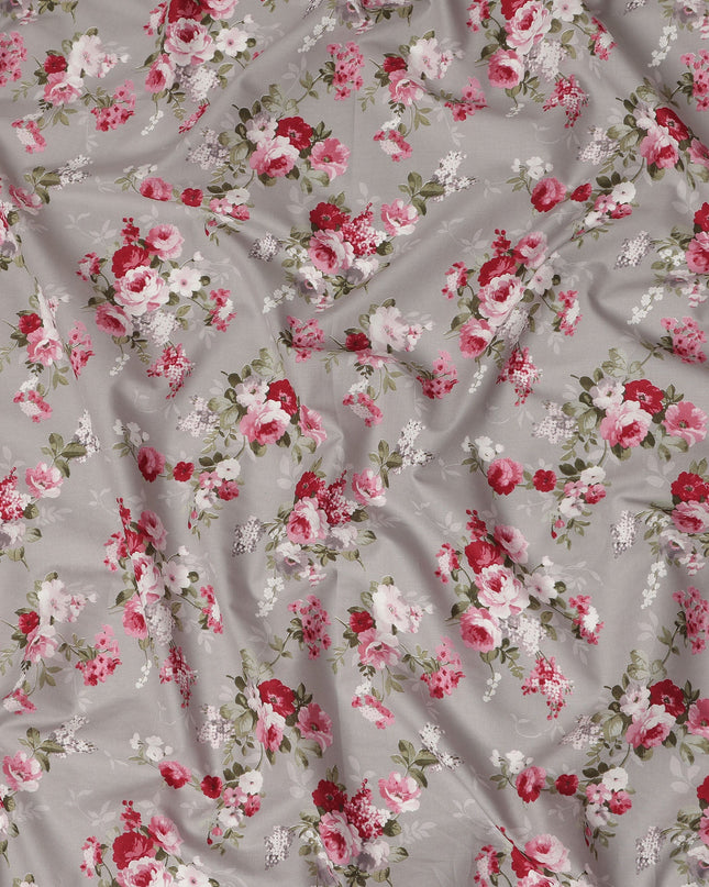 Grey Floral Printed Cotton Lawn Fabric All Over Rose Bouquet Design Soft Sewing Material 4.0 Meters Length 110 Cms Width India-D27647