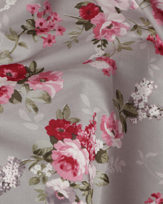 Grey Floral Printed Cotton Lawn Fabric All Over Rose Bouquet Design Soft Sewing Material 4.0 Meters Length 110 Cms Width India-D27647
