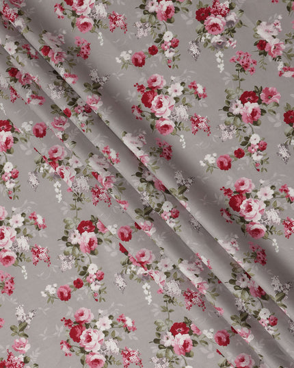 Grey Floral Printed Cotton Lawn Fabric All Over Rose Bouquet Design Soft Sewing Material 4.0 Meters Length 110 Cms Width India-D27647