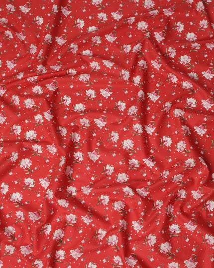 Red Floral Printed Cotton Lawn Fabric All Over Small Blossom Flower Design Soft Dressmaking Material 4.0 Meters Length 110 Cms Width India-D27653
