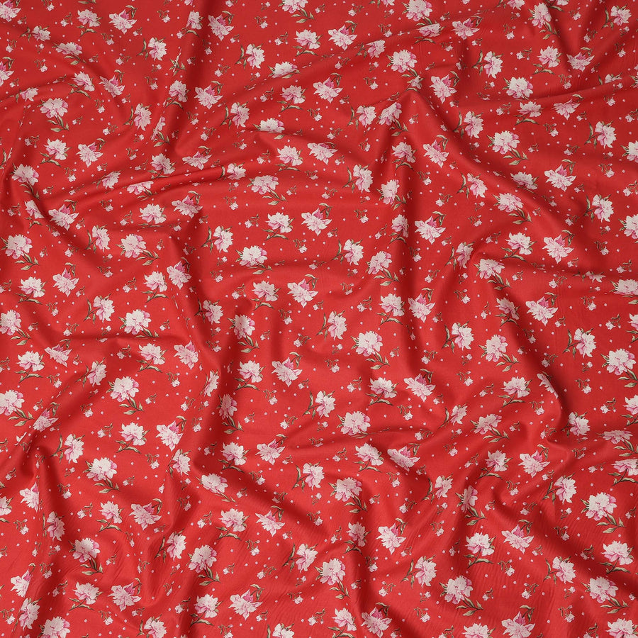 Red Floral Printed Cotton Lawn Fabric All Over Small Blossom Flower Design Soft Dressmaking Material 4.0 Meters Length 110 Cms Width India-D27653