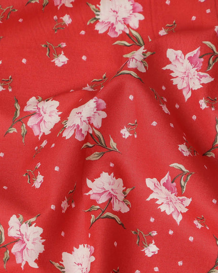 Red Floral Printed Cotton Lawn Fabric All Over Small Blossom Flower Design Soft Dressmaking Material 4.0 Meters Length 110 Cms Width India-D27653