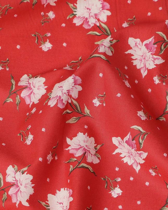 Red Floral Printed Cotton Lawn Fabric All Over Small Blossom Flower Design Soft Dressmaking Material 4.0 Meters Length 110 Cms Width India-D27653