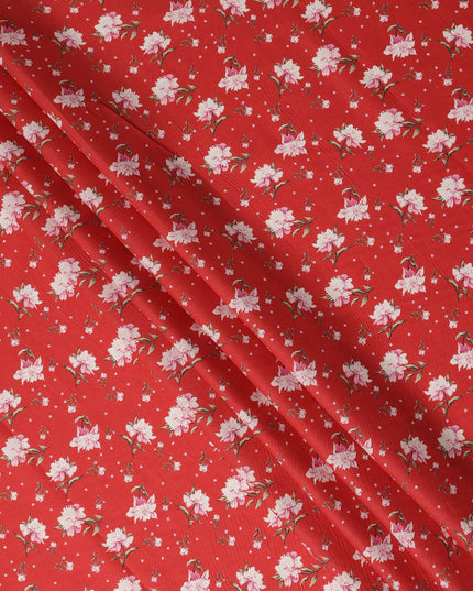 Red Floral Printed Cotton Lawn Fabric All Over Small Blossom Flower Design Soft Dressmaking Material 4.0 Meters Length 110 Cms Width India-D27653