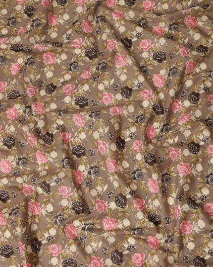 Taupe Brown Floral Printed Cotton Lawn Fabric All Over Rose Flower Design Soft Dressmaking Material 4.0 Meters Length 110 Cms Width India-D27656