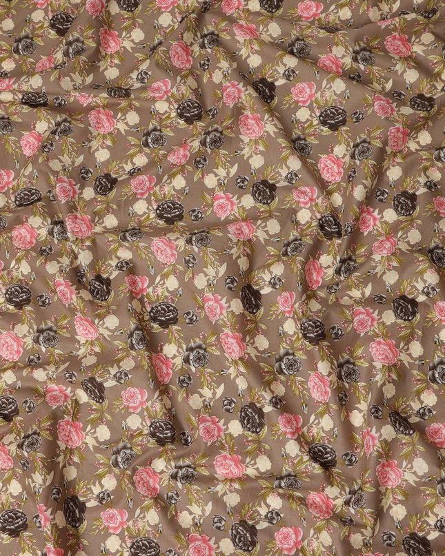 Taupe Brown Floral Printed Cotton Lawn Fabric All Over Rose Flower Design Soft Dressmaking Material 4.0 Meters Length 110 Cms Width India-D27656