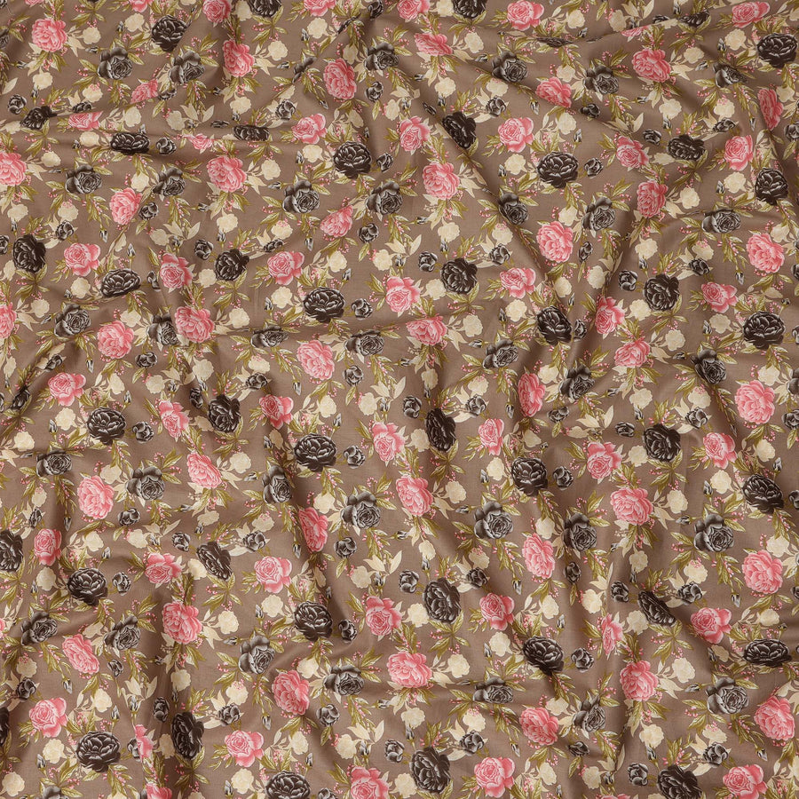Taupe Brown Floral Printed Cotton Lawn Fabric All Over Rose Flower Design Soft Dressmaking Material 4.0 Meters Length 110 Cms Width India-D27656