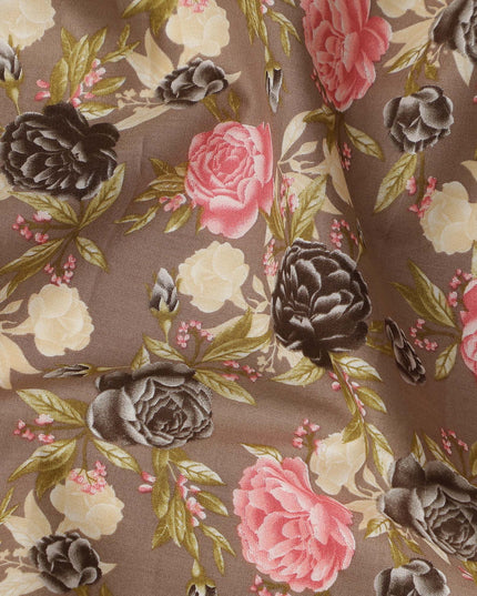 Taupe Brown Floral Printed Cotton Lawn Fabric All Over Rose Flower Design Soft Dressmaking Material 4.0 Meters Length 110 Cms Width India-D27656