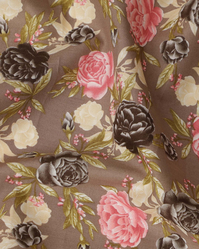 Taupe Brown Floral Printed Cotton Lawn Fabric All Over Rose Flower Design Soft Dressmaking Material 4.0 Meters Length 110 Cms Width India-D27656