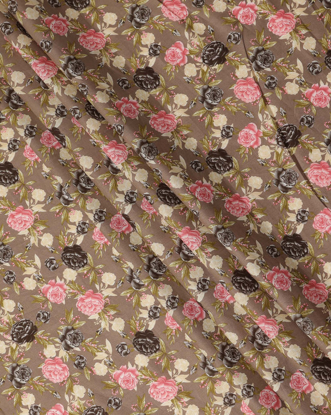 Taupe Brown Floral Printed Cotton Lawn Fabric All Over Rose Flower Design Soft Dressmaking Material 4.0 Meters Length 110 Cms Width India-D27656