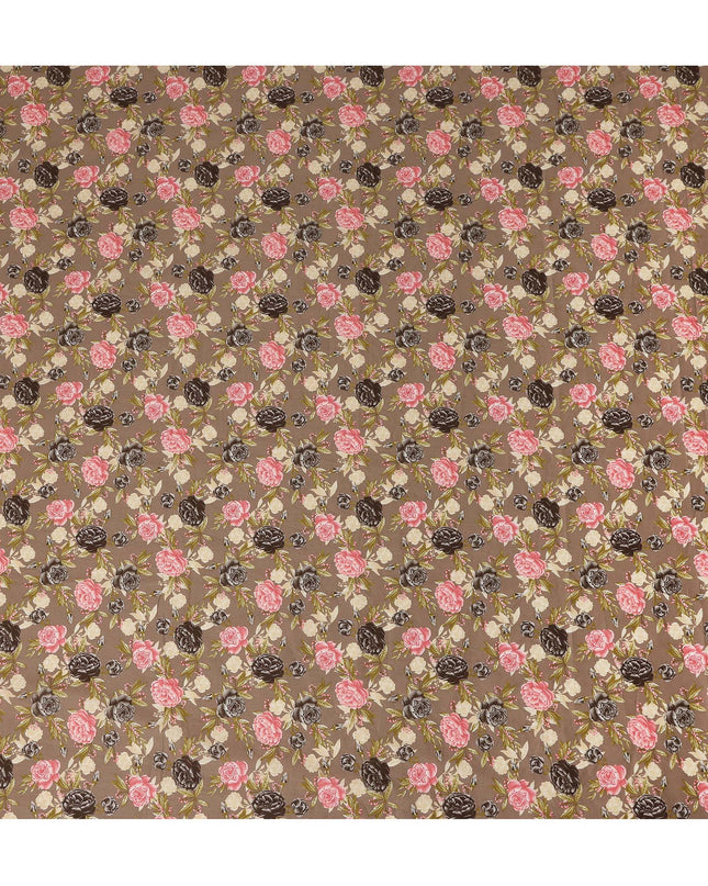 Taupe Brown Floral Printed Cotton Lawn Fabric All Over Rose Flower Design Soft Dressmaking Material 4.0 Meters Length 110 Cms Width India-D27656