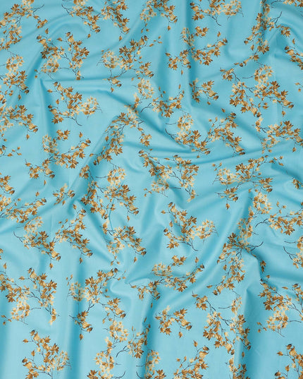Sky Blue Leaf Printed Cotton Lawn Fabric All Over Botanical Design Soft Sewing Material 4.0 Meters Length 110 Cms Width India-D27646