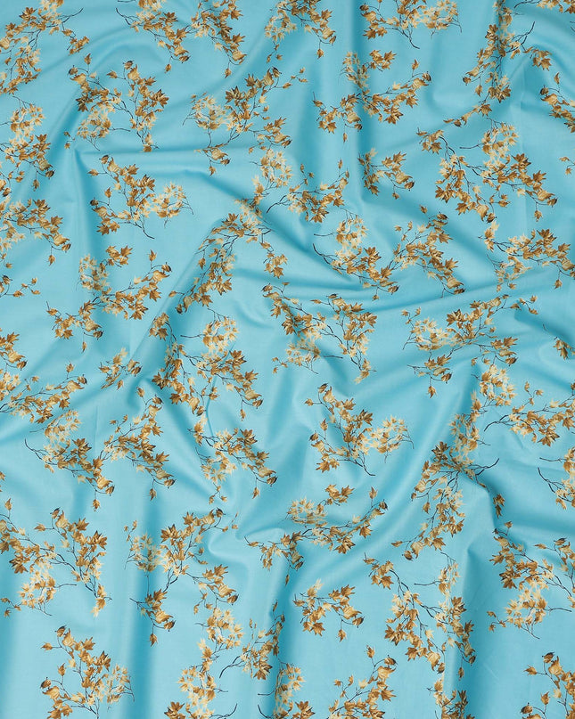 Sky Blue Leaf Printed Cotton Lawn Fabric All Over Botanical Design Soft Sewing Material 4.0 Meters Length 110 Cms Width India-D27646