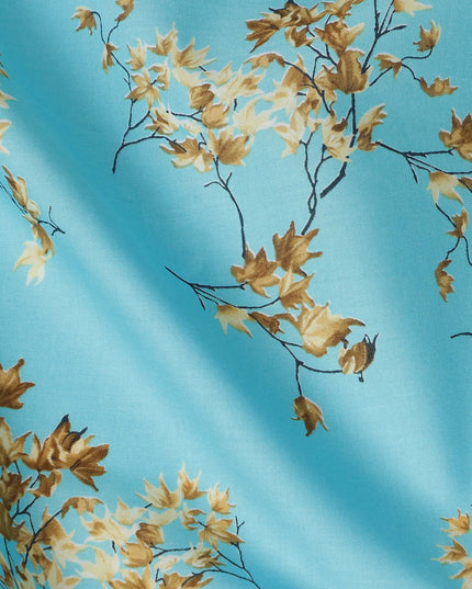 Sky Blue Leaf Printed Cotton Lawn Fabric All Over Botanical Design Soft Sewing Material 4.0 Meters Length 110 Cms Width India-D27646