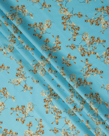 Sky Blue Leaf Printed Cotton Lawn Fabric All Over Botanical Design Soft Sewing Material 4.0 Meters Length 110 Cms Width India-D27646