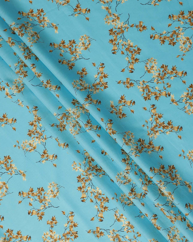 Sky Blue Leaf Printed Cotton Lawn Fabric All Over Botanical Design Soft Sewing Material 4.0 Meters Length 110 Cms Width India-D27646