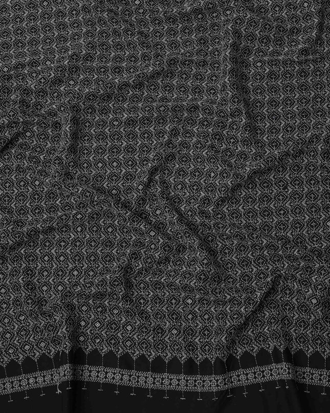 Black and White Intricate Motif Print Synthetic Cotton Fabric, 140 Cms, India-D25387