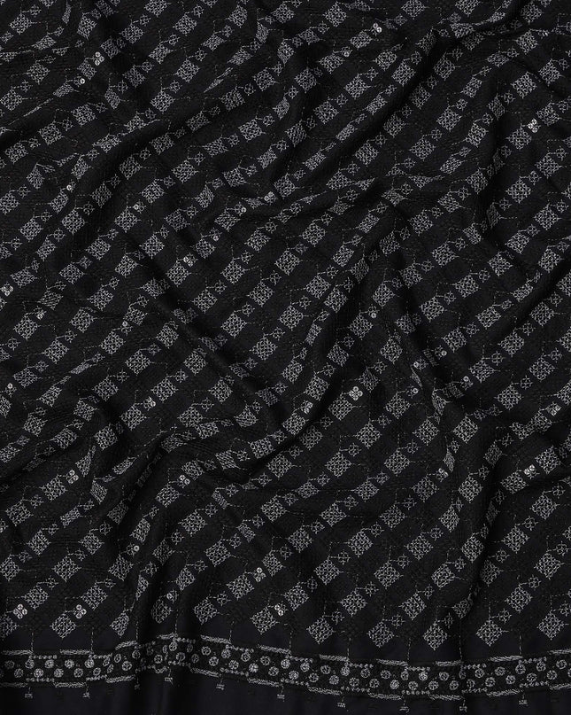 Black Geometric Block Print Synthetic Cotton Fabric, 140 Cms, India-D25385