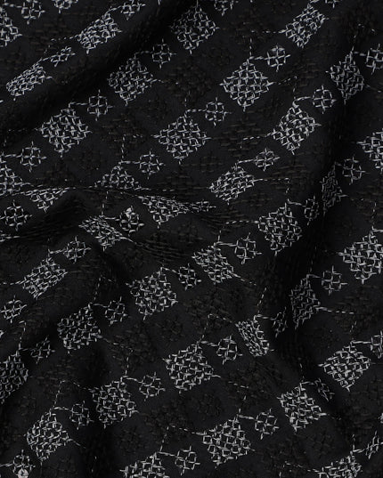 Black Geometric Block Print Synthetic Cotton Fabric, 140 Cms, India-D25385
