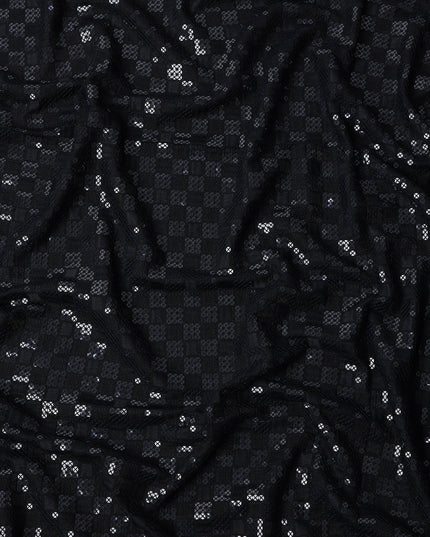 Black Sequin Checkered Self Design Synthetic Cotton Fabric, 140 Cms, India-D25393