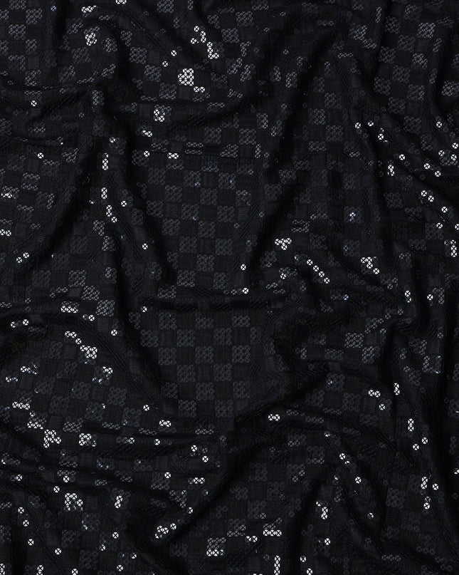 Black Sequin Checkered Self Design Synthetic Cotton Fabric, 140 Cms, India-D25393