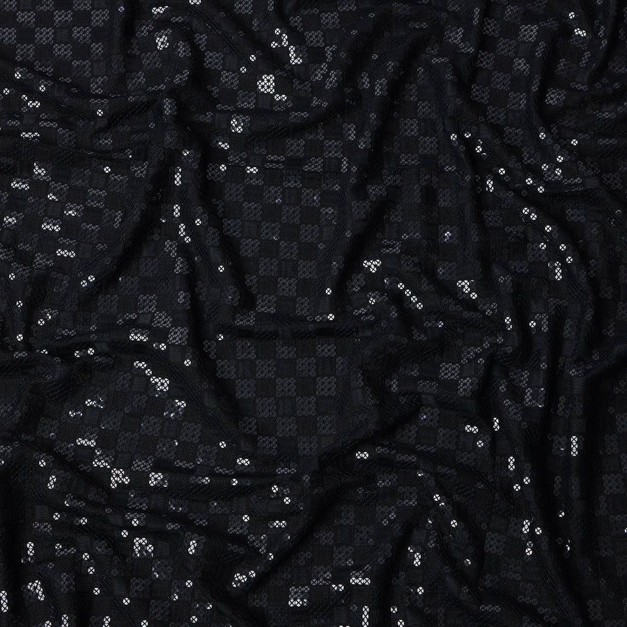 Black Sequin Checkered Self Design Synthetic Cotton Fabric, 140 Cms, India-D25393