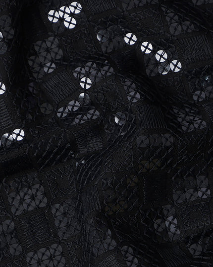 Black Sequin Checkered Self Design Synthetic Cotton Fabric, 140 Cms, India-D25393