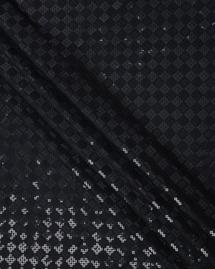 Black Sequin Checkered Self Design Synthetic Cotton Fabric, 140 Cms, India-D25393
