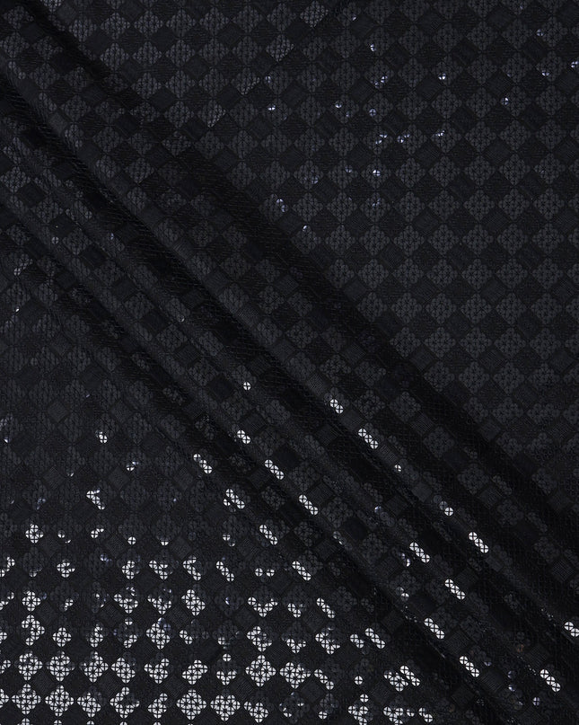 Black Sequin Checkered Self Design Synthetic Cotton Fabric, 140 Cms, India-D25393