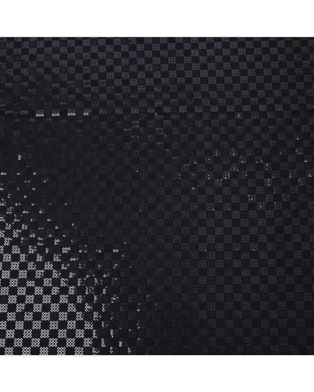 Black Sequin Checkered Self Design Synthetic Cotton Fabric, 140 Cms, India-D25393