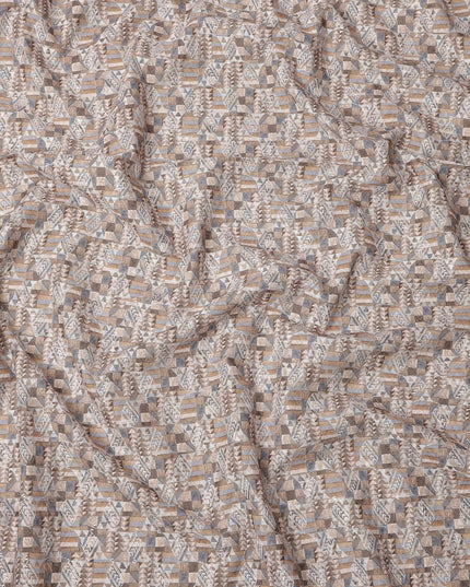 Beige and Grey Geometric Print Synthetic Cotton Fabric, 140 Cms, India-D25384