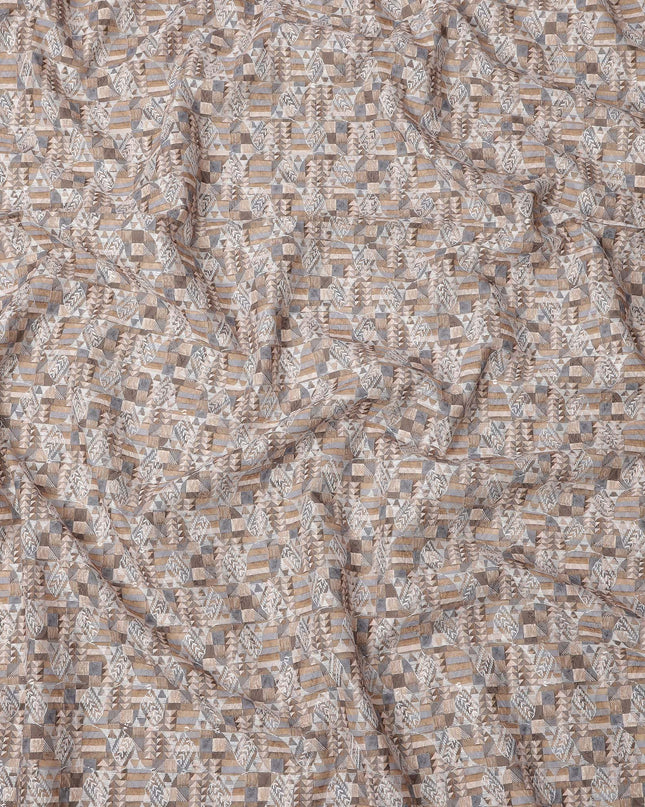 Beige and Grey Geometric Print Synthetic Cotton Fabric, 140 Cms, India-D25384
