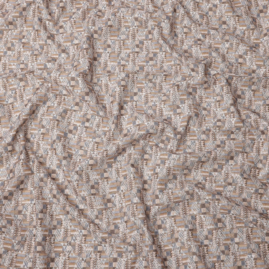 Beige and Grey Geometric Print Synthetic Cotton Fabric, 140 Cms, India-D25384