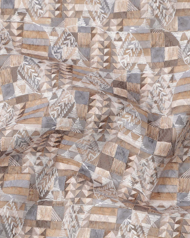 Beige and Grey Geometric Print Synthetic Cotton Fabric, 140 Cms, India-D25384