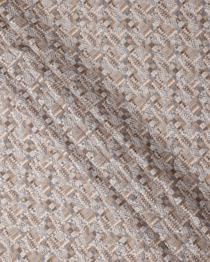 Beige and Grey Geometric Print Synthetic Cotton Fabric, 140 Cms, India-D25384