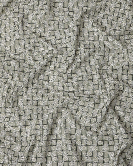 Olive Green Geometric Block Print Synthetic Cotton Fabric, 140 Cms, India-D25389