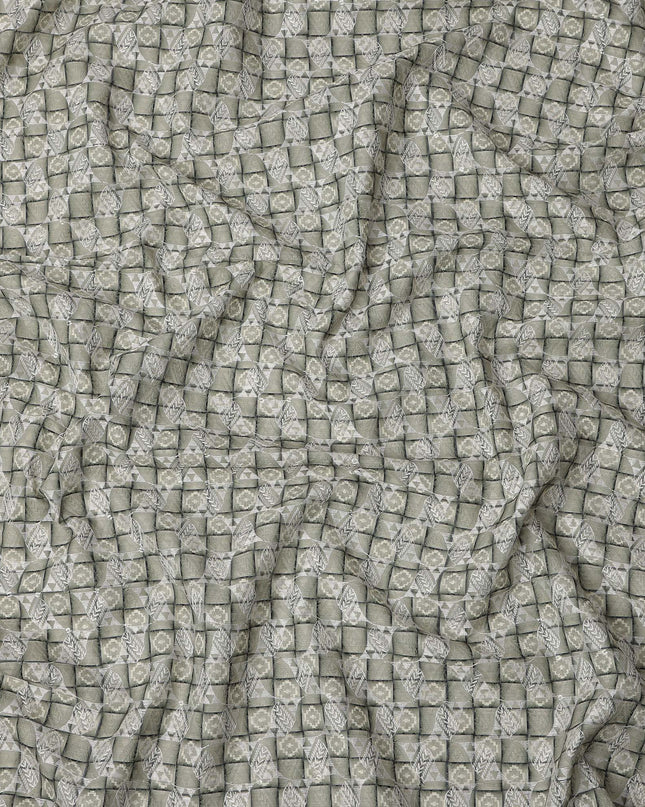 Olive Green Geometric Block Print Synthetic Cotton Fabric, 140 Cms, India-D25389