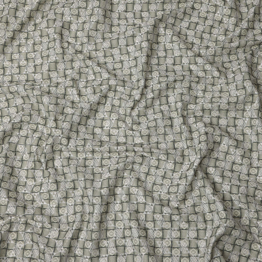 Olive Green Geometric Block Print Synthetic Cotton Fabric, 140 Cms, India-D25389