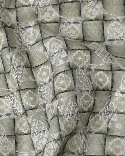 Olive Green Geometric Block Print Synthetic Cotton Fabric, 140 Cms, India-D25389