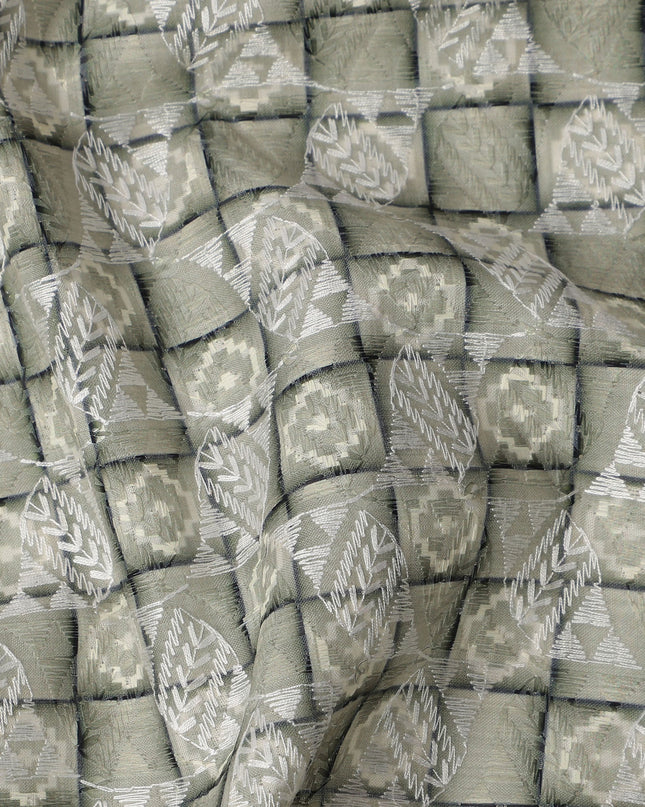 Olive Green Geometric Block Print Synthetic Cotton Fabric, 140 Cms, India-D25389